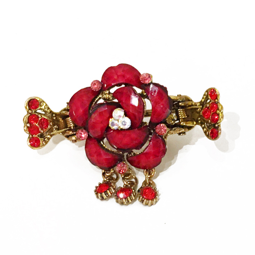 Haargreifer Haarspange Blume Vintage-Look Metall rot gold 4472e - zum Schließen ins Bild klicken